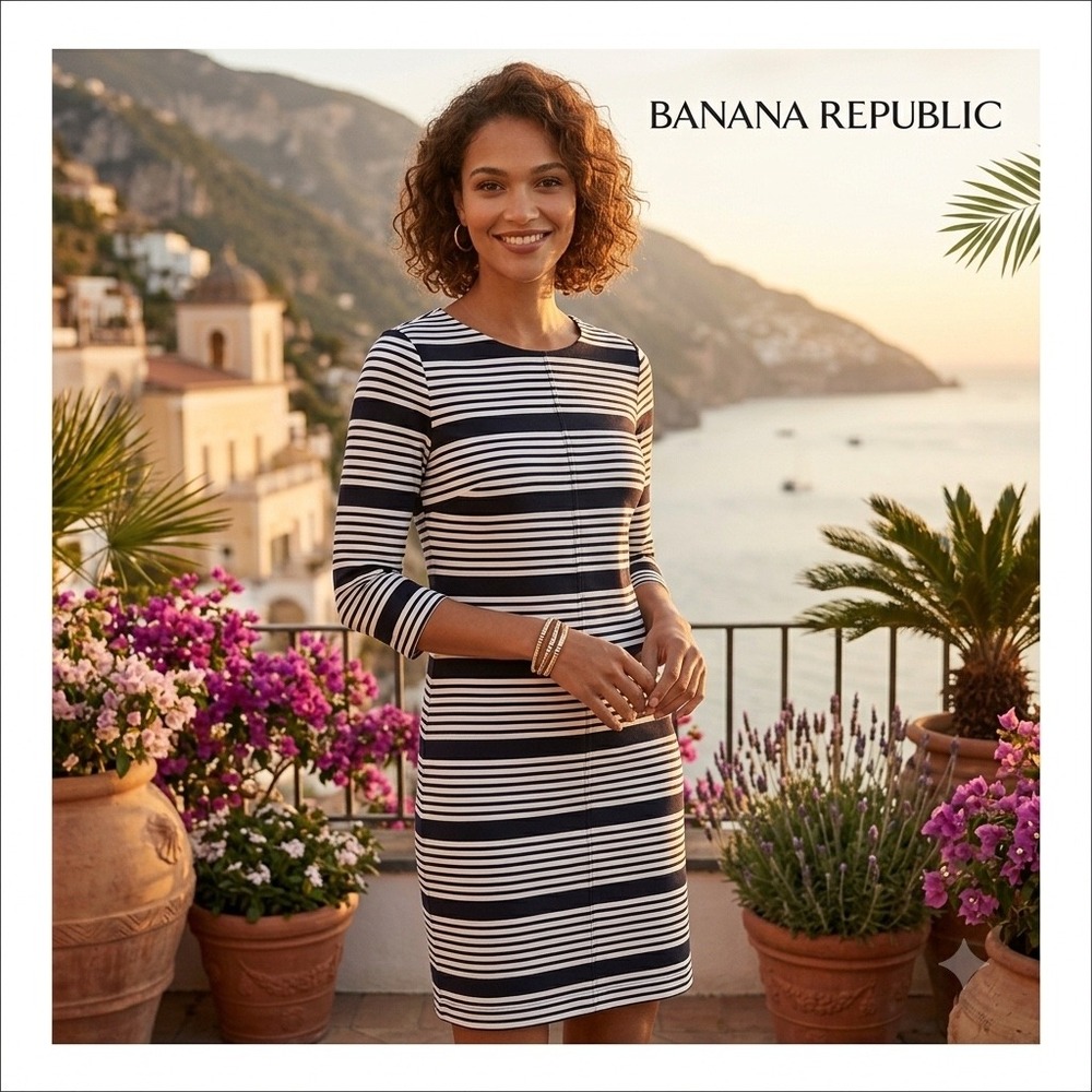 Banana Republic Womens 3/4 Sleeve Navy White Striped Ottoman‎ Rib Sheath Dress 2